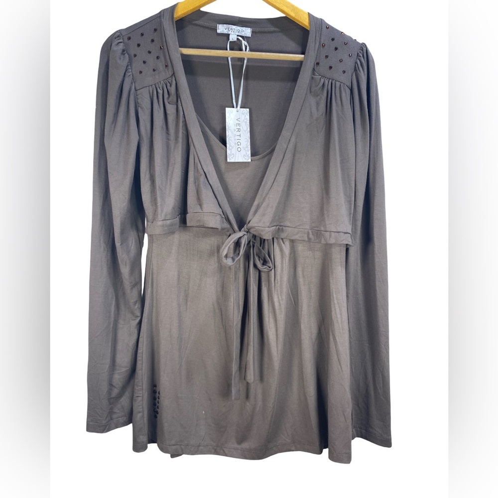 Vertigo Paris Mocha Embellished Tie Front Long Sleeve Top Size L | NWT